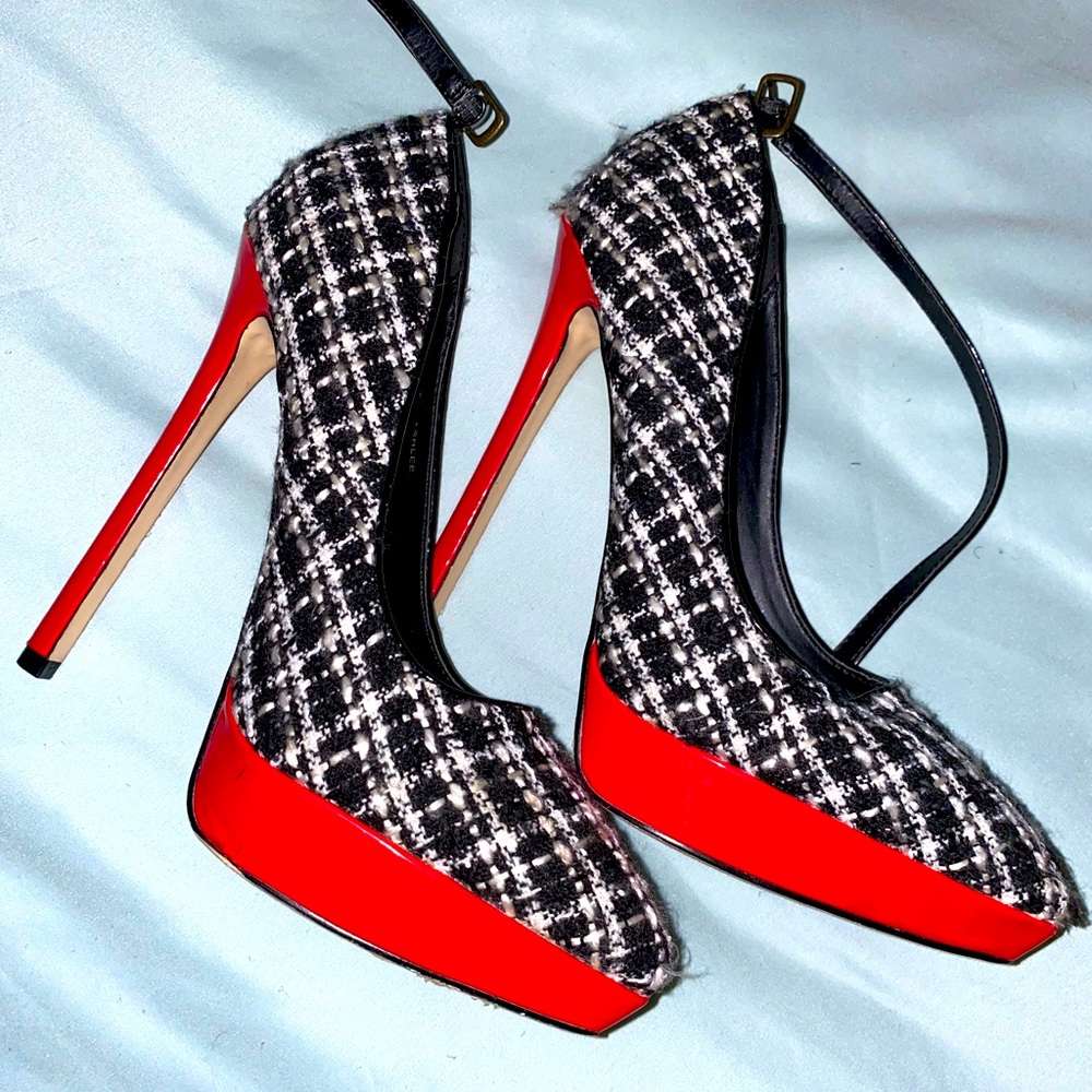Wool Plaid stiletto patent leather red heel